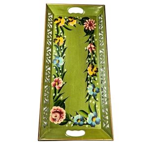 Vintage Hand Painted Tole Ware Floral Metal Serving Tray 22.5x11